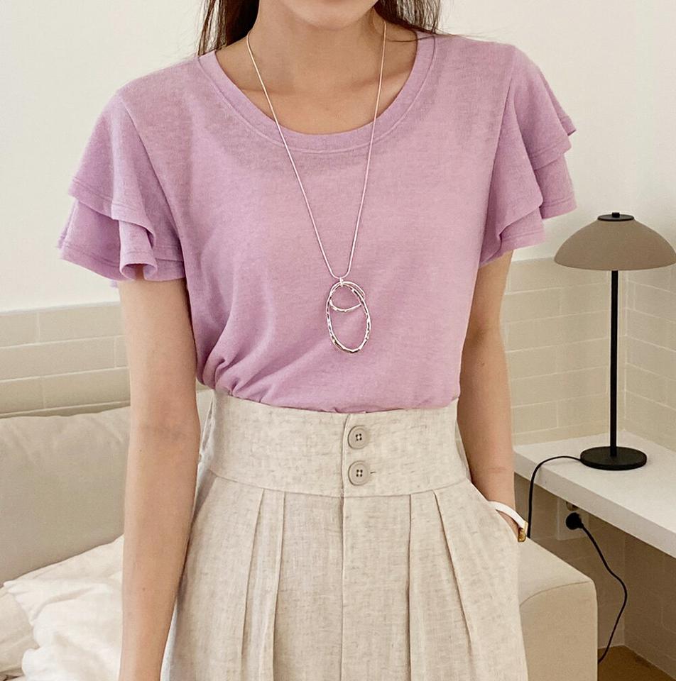 リネン混ダブルフレアスリーブTシャツ・全4色・b72213 レディース 【tops】トップス Tシャツ 半袖 フリル 単色 無地 シンプル ベーシック リネン混 二の腕カバー シアー 春 夏 カジュアル フェミニン 紫 韓国ファッション ハイホリHIHOLLI