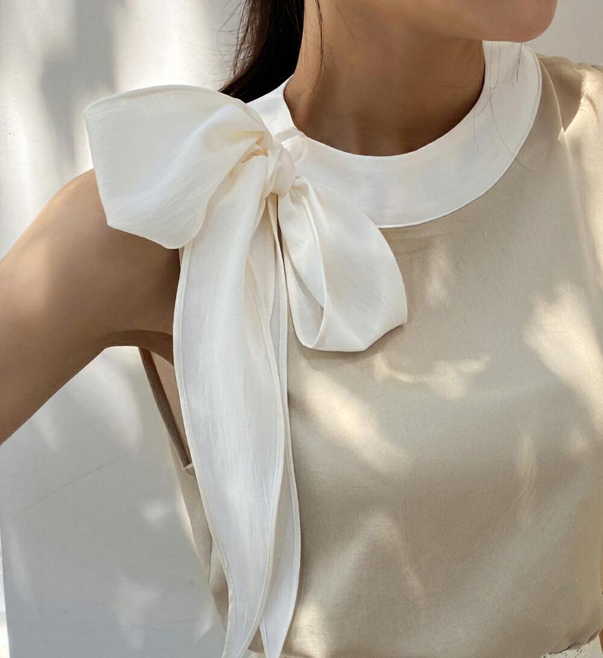 ストラップ付配色ノースリーブ・全2色・b72214 レディース 【tops】トップス ノースリーブ スリーブレス ストラップ付 配色 柄 模様 りぼん リボン サテン 光沢 お呼ばれ 春 夏 フェミニン 上品 大人っぽ 韓国ファッション ハイホリHIHOLLI