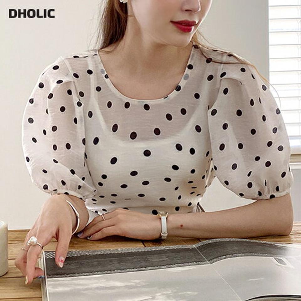 ドットバックリボンブラウス・全2色・t72187 レディース 【bl】ブラウス トップス 半袖 柄 模様 ドット バックシャン モノトーン パフ袖 パフスリーブ シアー 透け感 りぼん 春 夏 ガーリー フェミニン 韓国ファッション ハイホリHIHOLLI
