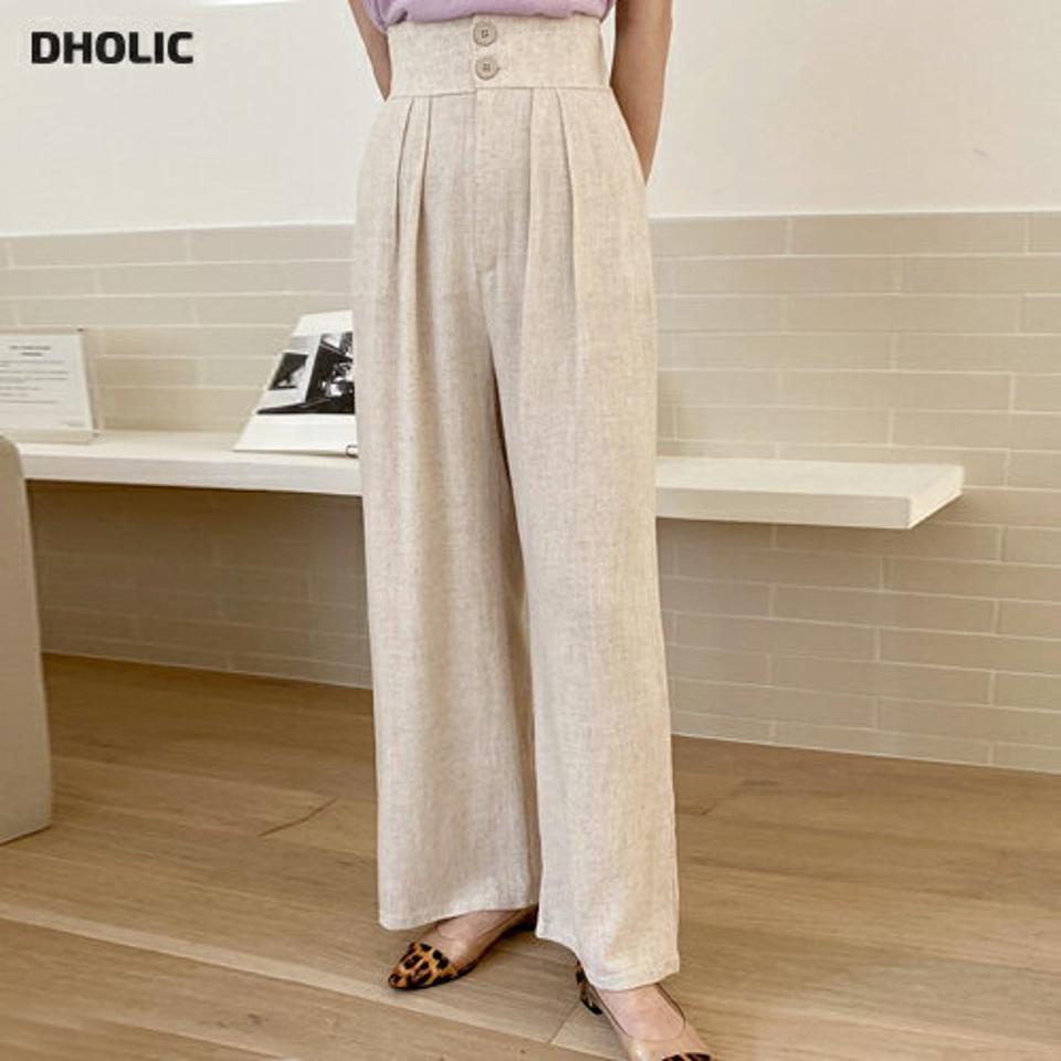 リネン混2ボタンワイドスラックス・全3色・t72199 レディース 【pt】パンツ ロング丈 単色 無地 シンプル ベーシック リネン混 ボタン ワイド 体型カバー ハイウエスト タック 春 夏 カジュアル 大人っぽ 韓国ファッション ハイホリHIHOLLI