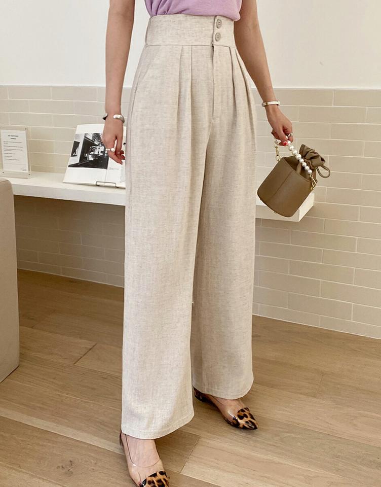 リネン混2ボタンワイドスラックス・全3色・t72199 レディース 【pt】パンツ ロング丈 単色 無地 シンプル ベーシック リネン混 ボタン ワイド 体型カバー ハイウエスト タック 春 夏 カジュアル 大人っぽ 韓国ファッション ハイホリHIHOLLI