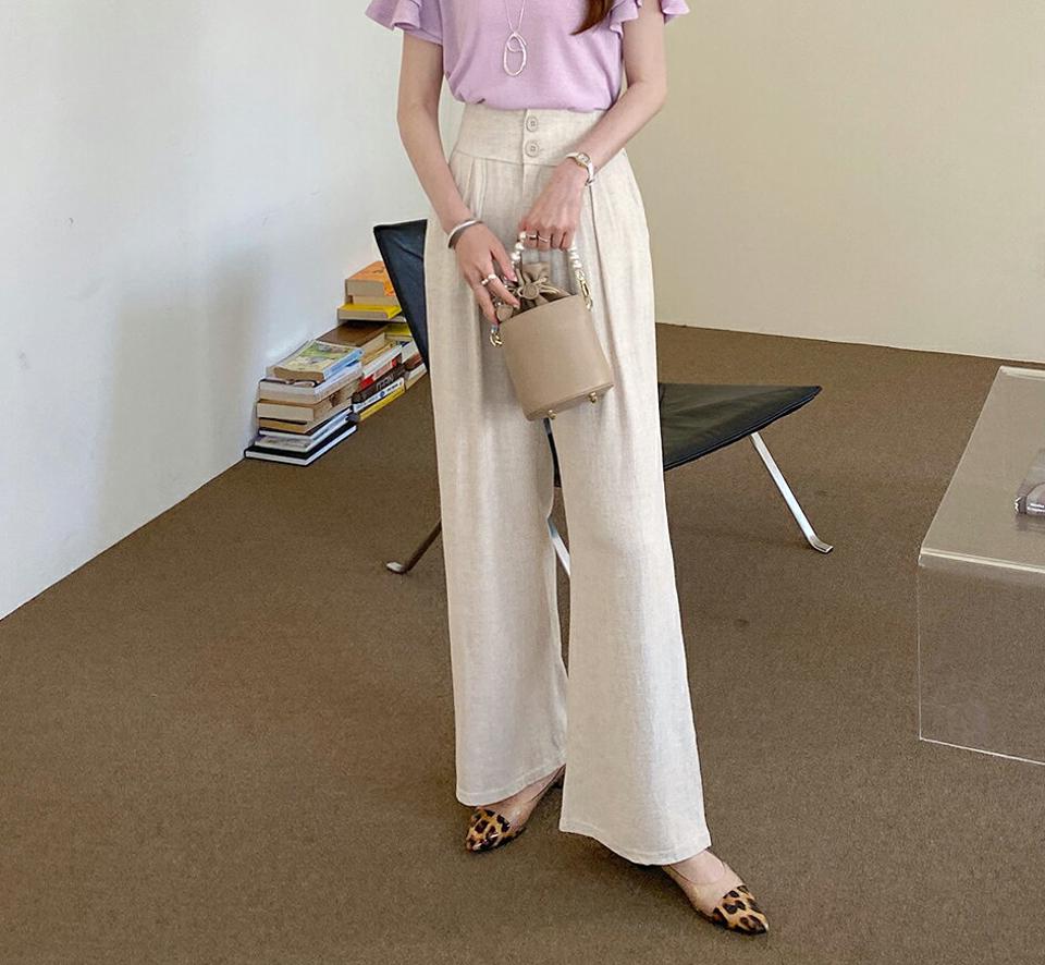 リネン混2ボタンワイドスラックス・全3色・t72199 レディース 【pt】パンツ ロング丈 単色 無地 シンプル ベーシック リネン混 ボタン ワイド 体型カバー ハイウエスト タック 春 夏 カジュアル 大人っぽ 韓国ファッション ハイホリHIHOLLI