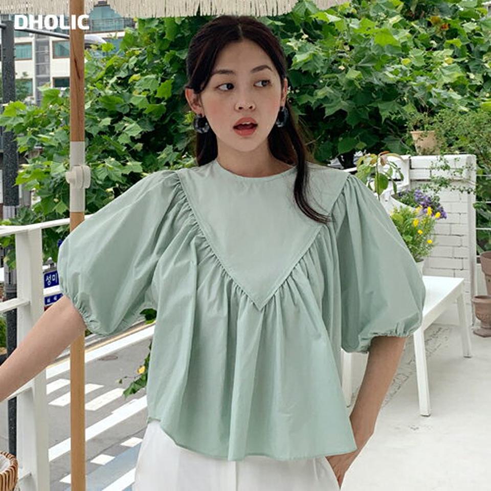 ギャザーパフブラウス・全3色・t67228 レディース 【bl】トップス ブラウス 半袖 ハーフスリーブ 二の腕カバー ギャザー パフスリーブ パステル シンプル 単色 アンバランス ラウンドネック フレア ゆったり 黄緑 体型カバー お腹カバー 春 夏 韓国ファッション