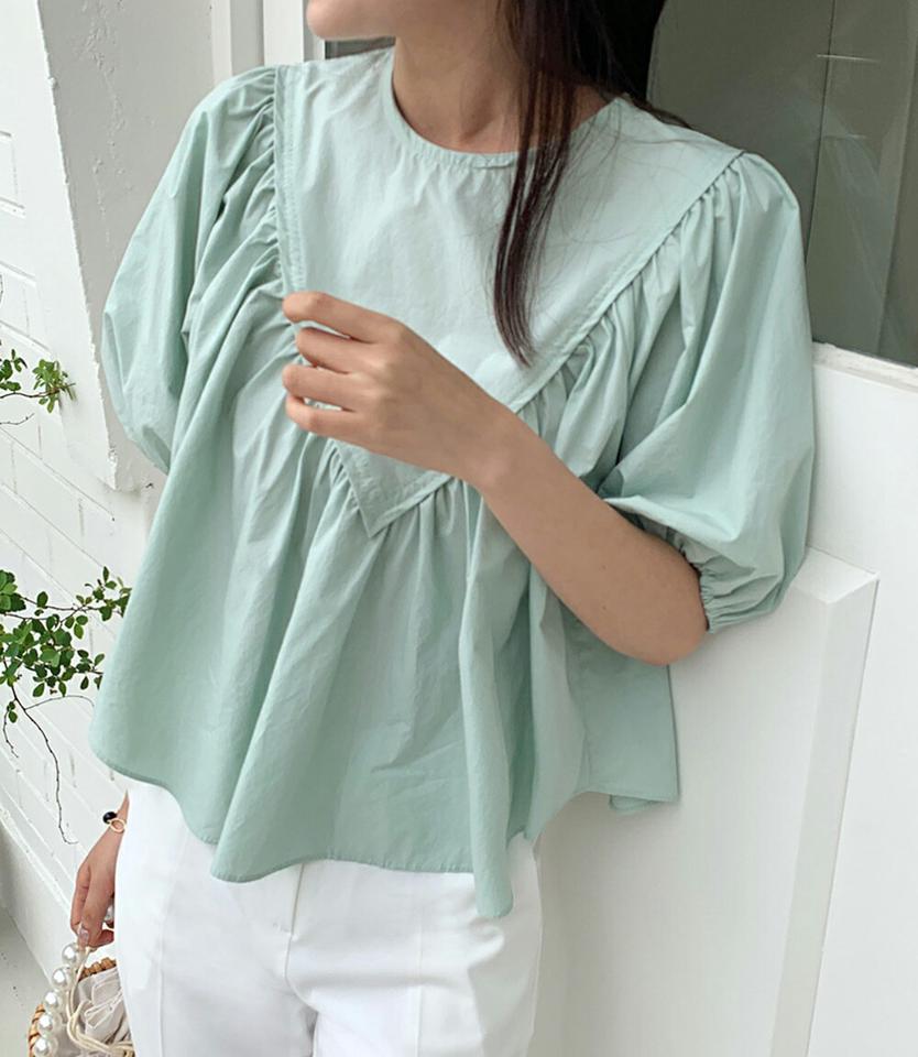 ギャザーパフブラウス・全3色・t67228 レディース 【bl】トップス ブラウス 半袖 ハーフスリーブ 二の腕カバー ギャザー パフスリーブ パステル シンプル 単色 アンバランス ラウンドネック フレア ゆったり 黄緑 体型カバー お腹カバー 春 夏 韓国ファッション