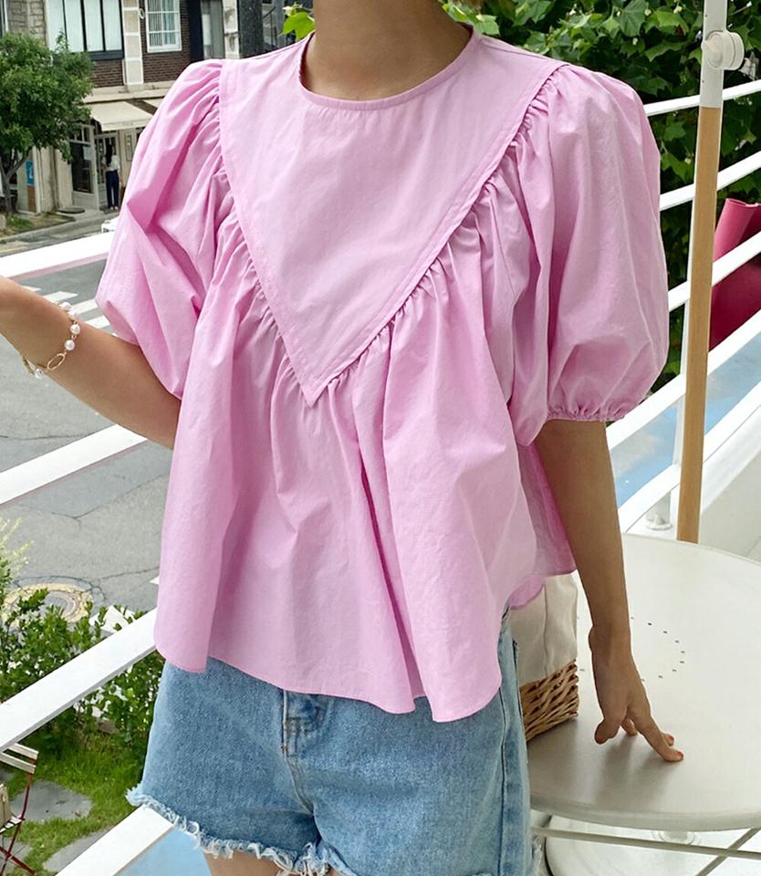 ギャザーパフブラウス・全3色・t67228 レディース 【bl】トップス ブラウス 半袖 ハーフスリーブ 二の腕カバー ギャザー パフスリーブ パステル シンプル 単色 アンバランス ラウンドネック フレア ゆったり 黄緑 体型カバー お腹カバー 春 夏 韓国ファッション