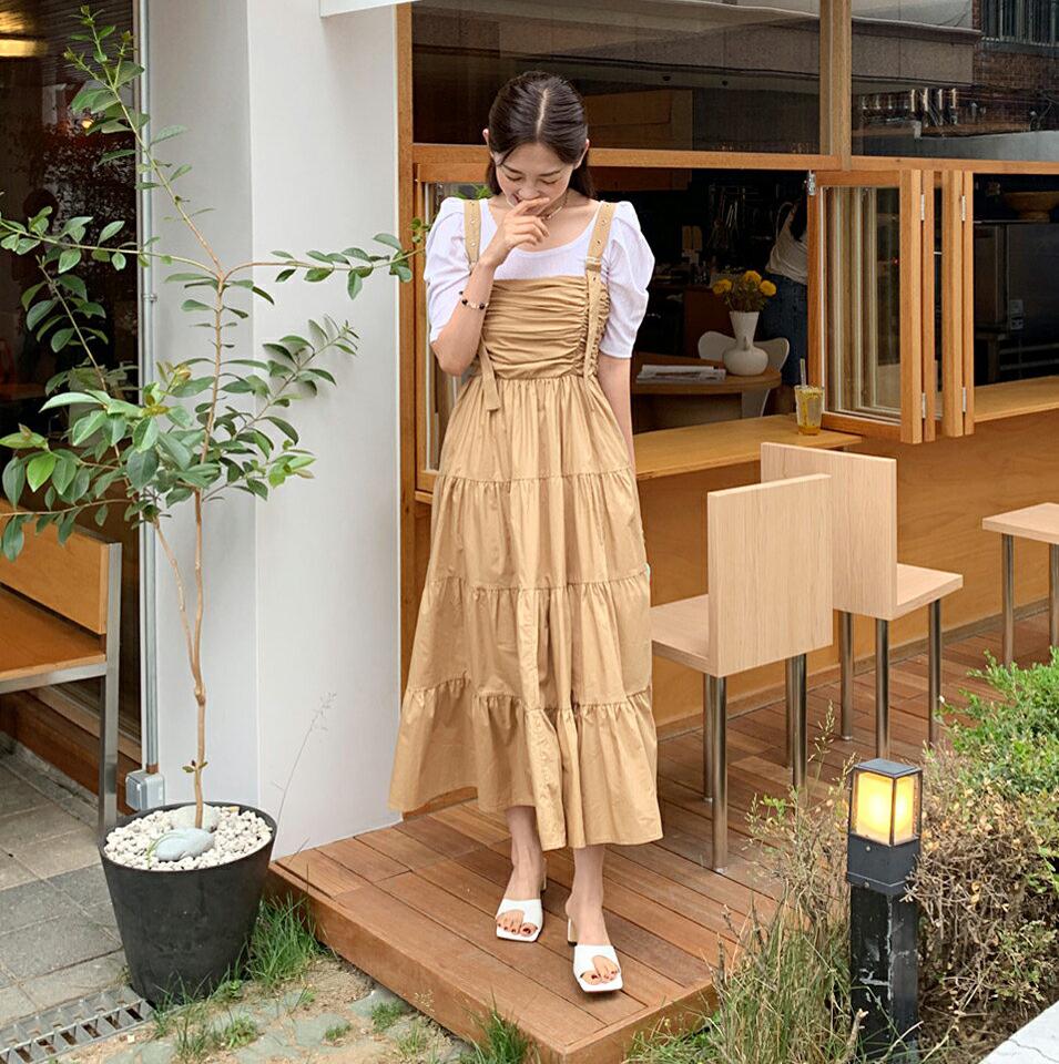 バックルティアードワンピース・全2色・t67247 レディース 【ops】ワンピース ロング丈 ロングワンピース スリーブレス ノースリーブ レイヤード バックル ティアード シンプル シャーリング カジュアル かわいい 春 夏 韓国ファッション