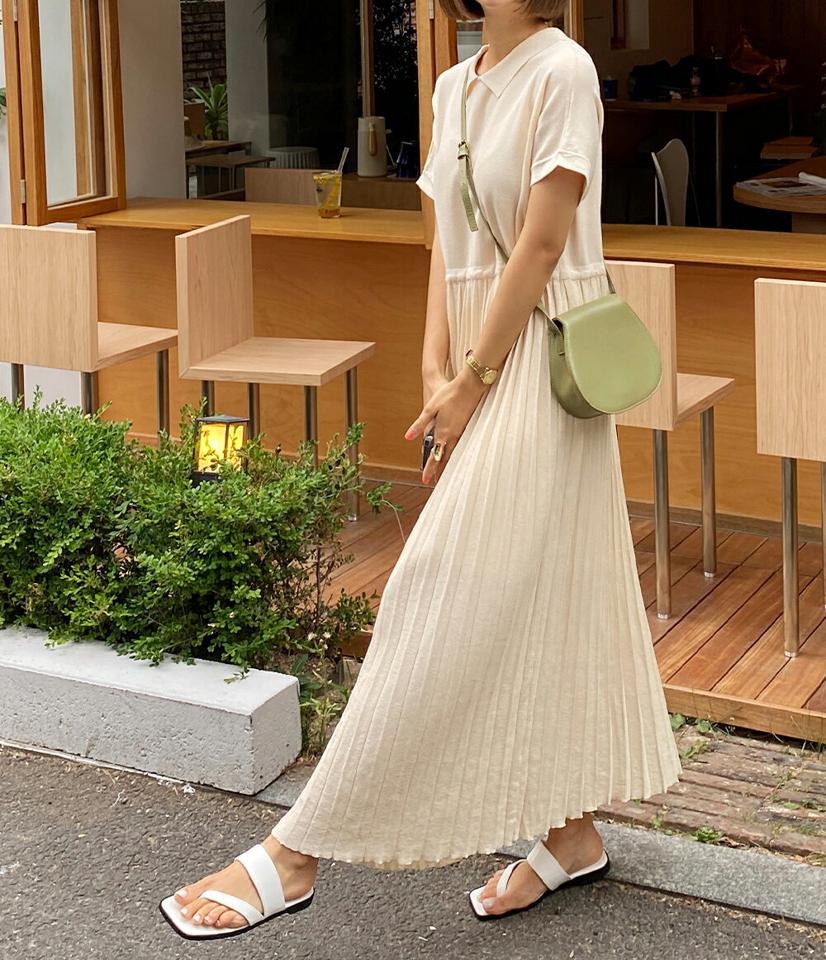 プリーツカラーニットワンピース・全3色・b67230 レディース 【ops】ワンピース ロング丈 ロングワンピース 半袖 ゆったり オーバーサイズ 体型カバー プリーツ 襟 単色 シンプル カジュアル ニット 春 夏 サマーニット 韓国ファッション