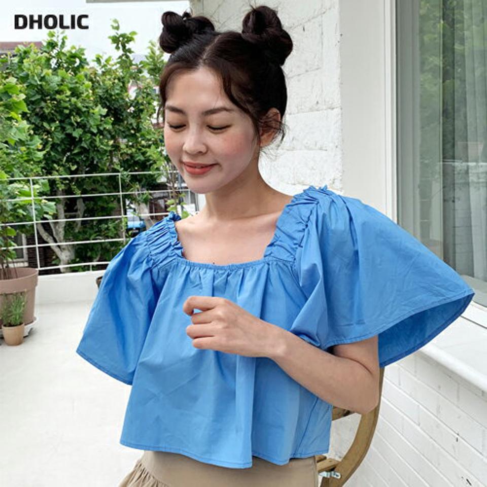 2WAYスクエアクロップドブラウス・全3色・b67227 レディース 【bl】トップス ブラウス 半袖 二の腕カバー スクエアネック クロップド丈 オフショルダー 肩出し パフスリーブ ゴム シャーリング 青 水色 単色 デコルテ 鎖骨 春 夏 韓国ファッション