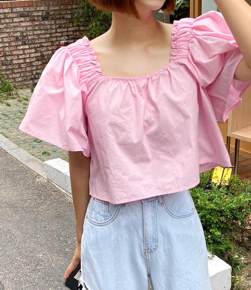 2WAYスクエアクロップドブラウス・全3色・b67227 レディース 【bl】トップス ブラウス 半袖 二の腕カバー スクエアネック クロップド丈 オフショルダー 肩出し パフスリーブ ゴム シャーリング 青 水色 単色 デコルテ 鎖骨 春 夏 韓国ファッション