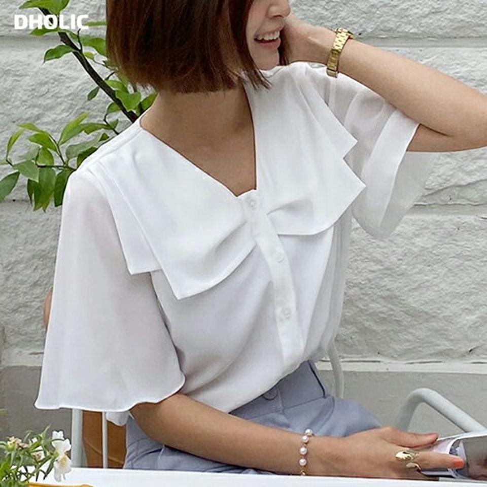 【10%OFF】ダブルリボンカラーブラウス・全2色・t67224 レディース 【bl】トップス ブラウス 半袖 ハーフスリーブ 二の腕カバー りぼん 襟コン 大きい襟 ガーリー かわいい 可愛い オフィスカジュアル 単色 フレアスリーブ 春 夏 韓国ファッション セール SALE