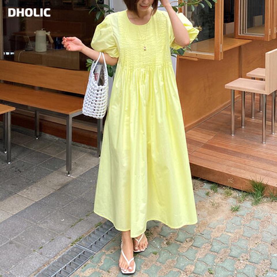 コットンタックパフワンピース・全2色・b67232 レディース 【ops】ワンピース ロング丈 ロングワンピース 半袖 ハーフスリーブ 二の腕カバー パフスリーブ 体型カバー ゆったり パステル 黄色 タック かわいい カジュアル 春 夏 韓国ファッション