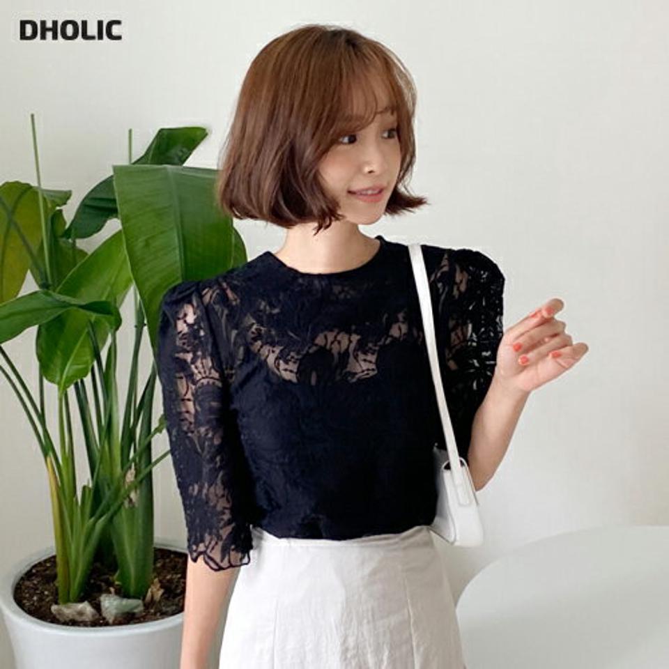 フローラルレースブラウス・全3色・t67226 レディース 【bl】トップス ブラウス 半袖 ハーフスリーブ 透け感 シアー シースルー 総レース フェミニン 花柄 ラウンドネック 大人 上品 スカラップ 刺繍 パフスリーブ 春 夏 韓国ファッション