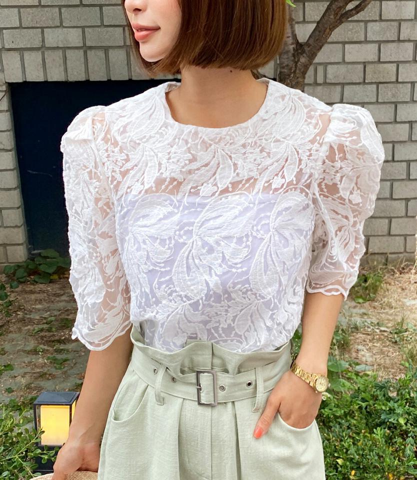 フローラルレースブラウス・全3色・t67226 レディース 【bl】トップス ブラウス 半袖 ハーフスリーブ 透け感 シアー シースルー 総レース フェミニン 花柄 ラウンドネック 大人 上品 スカラップ 刺繍 パフスリーブ 春 夏 韓国ファッション