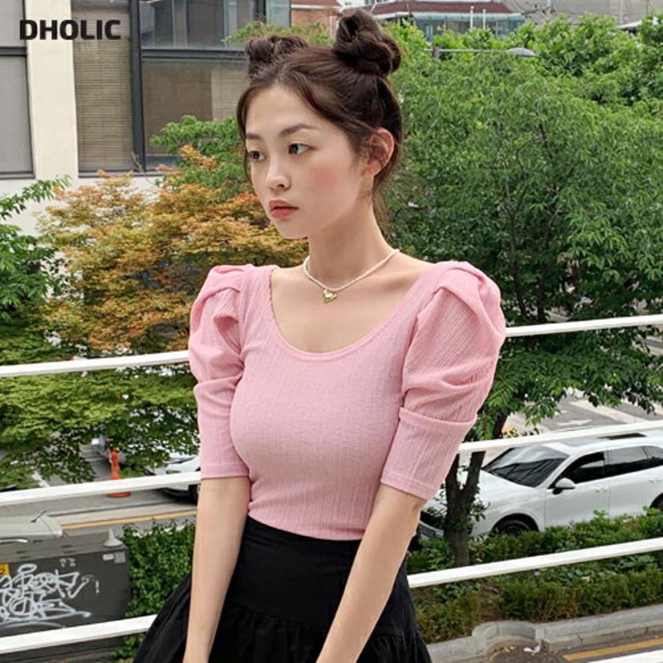 UネックパフスリーブTシャツ・全4色・t67221 レディース 【tops】トップス Tシャツ 半袖 ハーフスリーブ デコルテ 鎖骨 パフスリーブ 単色 無地 クロップド丈 かわいい ピンク パステル 可愛い Y2K 春 夏 韓国ファッション