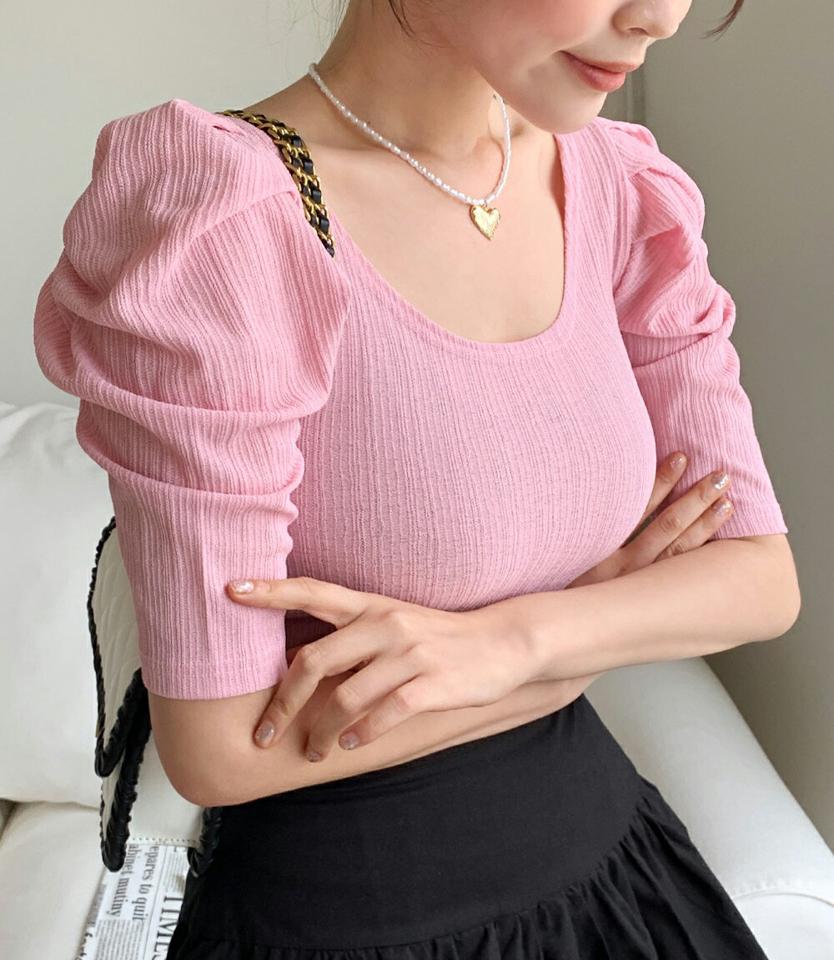 UネックパフスリーブTシャツ・全4色・t67221 レディース 【tops】トップス Tシャツ 半袖 ハーフスリーブ デコルテ 鎖骨 パフスリーブ 単色 無地 クロップド丈 かわいい ピンク パステル 可愛い Y2K 春 夏 韓国ファッション