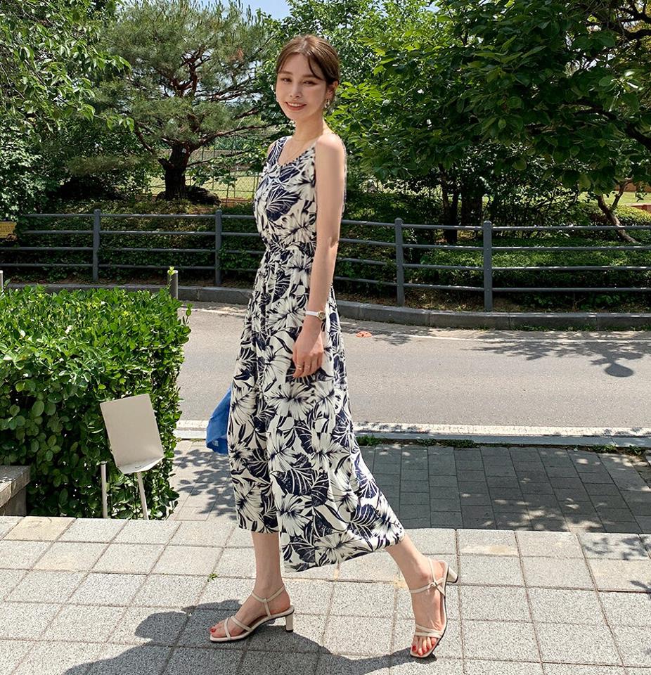 2TYPEパターンノースリワンピース・全2色・b00675 レディース 【ops】ワンピース ロング丈 ノースリーブ 柄 綿 コットン フレア フレア ギャザー スリーブレス 春 夏 アンティーク柄 リゾート 人気 韓国ファッション ハイホリHIHOLLI