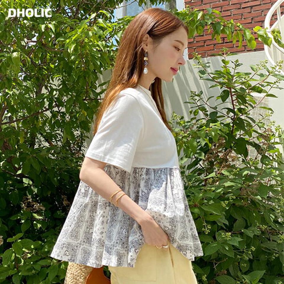 ペイズリーパターンフレアTシャツ・全2色・b00664 レディース 【tops】トップス Tシャツ 半袖 柄 模様 異素材 ペイズリー柄 フレア 体型カバー ゆったり 楽ちん 綿 コットン ギャザー 春 夏 フェミニン カジュアル お腹カバー 韓国ファッション ハイホリHIHOLLI