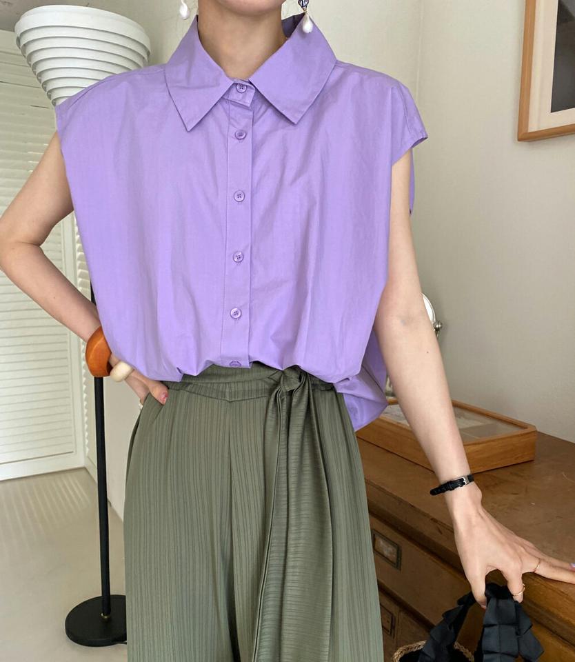 フレンチスリーブシャツ・全4色・t00699 レディース 【bl】シャツ 半袖 フレンチスリーブ 単色 無地 シンプル ベーシック 襟 パステル ボタン 綿 コットン クロップド丈 タック 春 夏 カジュアル 大人 紫 韓国ファッション ハイホリHIHOLLI