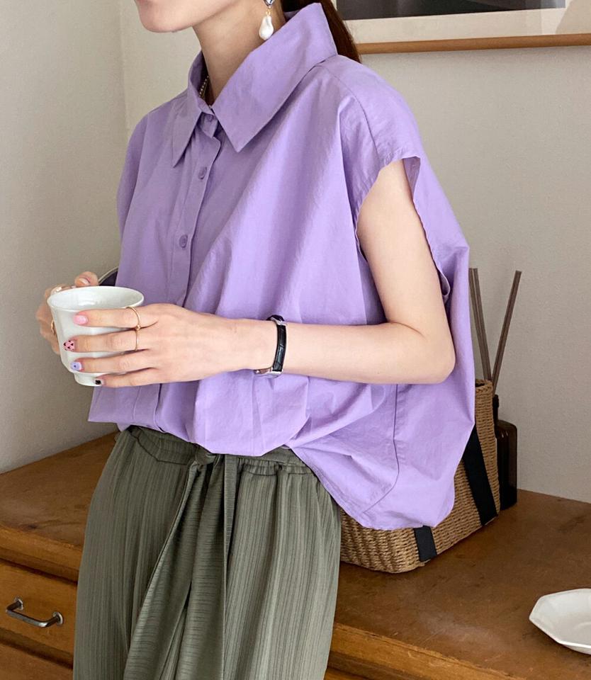 フレンチスリーブシャツ・全4色・t00699 レディース 【bl】シャツ 半袖 フレンチスリーブ 単色 無地 シンプル ベーシック 襟 パステル ボタン 綿 コットン クロップド丈 タック 春 夏 カジュアル 大人 紫 韓国ファッション ハイホリHIHOLLI