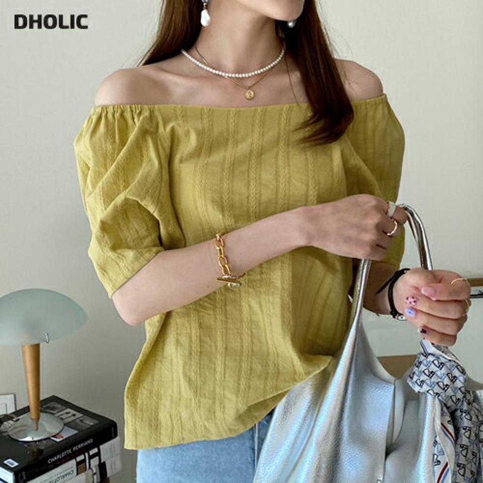 2WAYコットンブラウス・全4色・t00666 レディース 【bl】ブラウス トップス 単色 シンプル 半袖 2WAY コットン 綿 オフショルダー 鎖骨 デコルテ 肌見せ 刺繍 パンチング フレア クロップド丈 黄色 春 夏 韓国ファッション ハイホリHIHOLLI