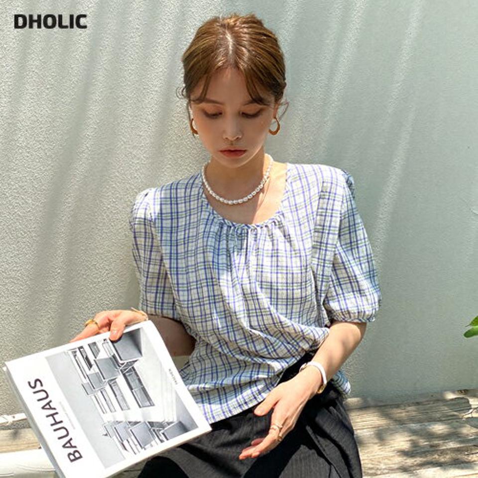 リンクルチェックブラウス・全4色・t00668 レディース 【bl】ブラウス トップス 半袖 柄 模様 チェック柄 ギャザー ラウンドネック リンクル パフスリーブ パフ袖 春 夏 フェミニン ガーリー 韓国ファッション ハイホリHIHOLLI