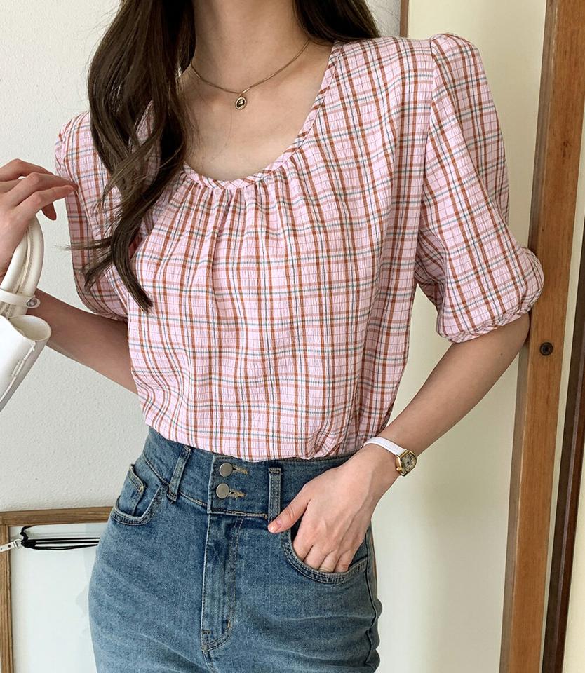 リンクルチェックブラウス・全4色・t00668 レディース 【bl】ブラウス トップス 半袖 柄 模様 チェック柄 ギャザー ラウンドネック リンクル パフスリーブ パフ袖 春 夏 フェミニン ガーリー 韓国ファッション ハイホリHIHOLLI