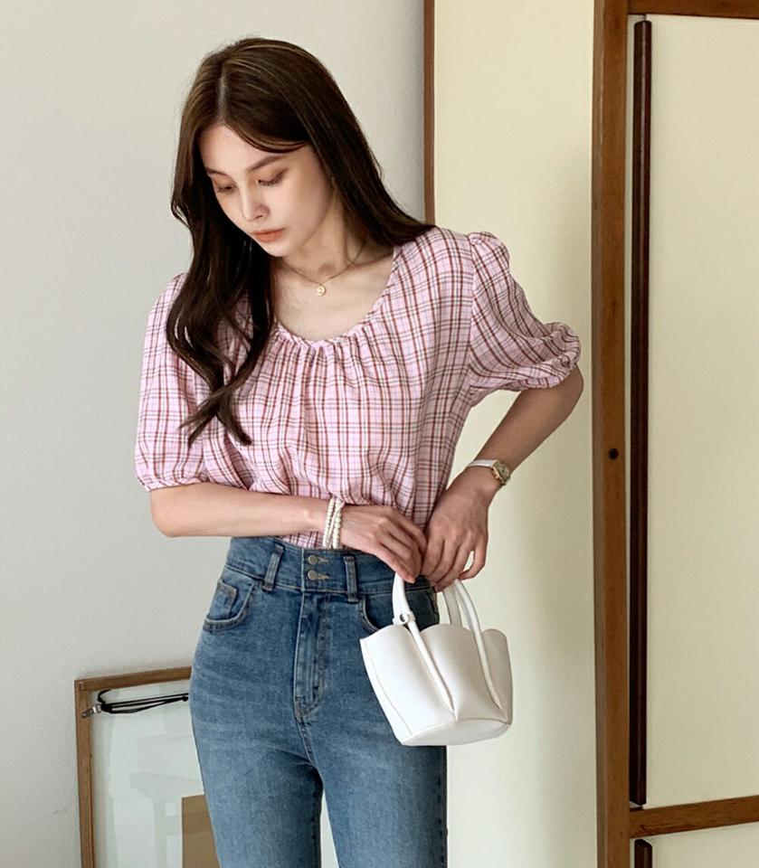 リンクルチェックブラウス・全4色・t00668 レディース 【bl】ブラウス トップス 半袖 柄 模様 チェック柄 ギャザー ラウンドネック リンクル パフスリーブ パフ袖 春 夏 フェミニン ガーリー 韓国ファッション ハイホリHIHOLLI