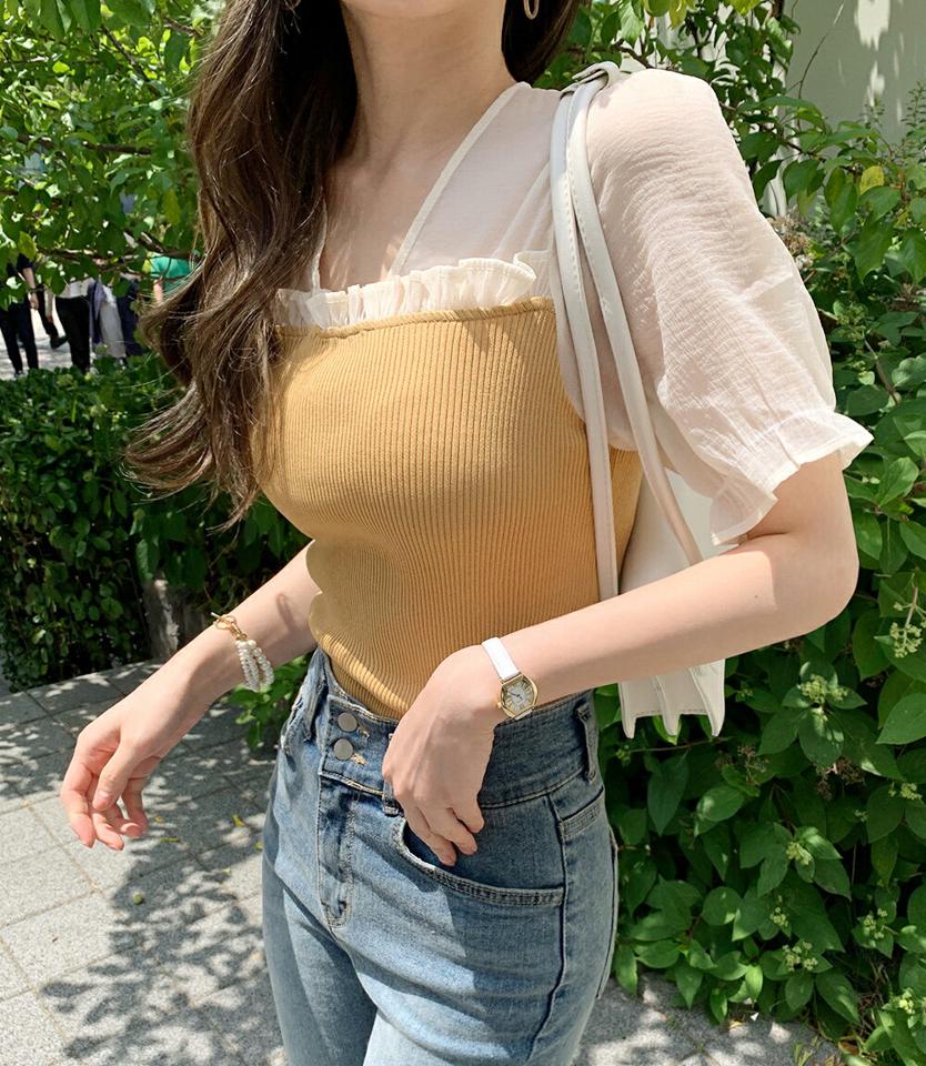 シースルーコントラストニット・全3色・b00670 レディース 【tops】トップス 半袖 ニット 異素材 パステル フリル シースルー 透け感 Vネック デコルテ クロップド丈 スリム 春 夏 フェミニン ガーリー サマーニット 韓国ファッション ハイホリHIHOLLI