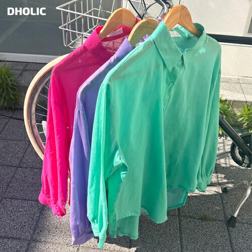 シースルーカラーシャツ・全5色・t00674 レディース 【bl】シャツ トップス 長袖 シースルー 透け感 シアー 襟 ボタン カラーアイテム 体型カバー ドロップショルダー ルーズ 綿 コットン 春 夏 大人 ピンク 韓国ファッション ハイホリHIHOLLI