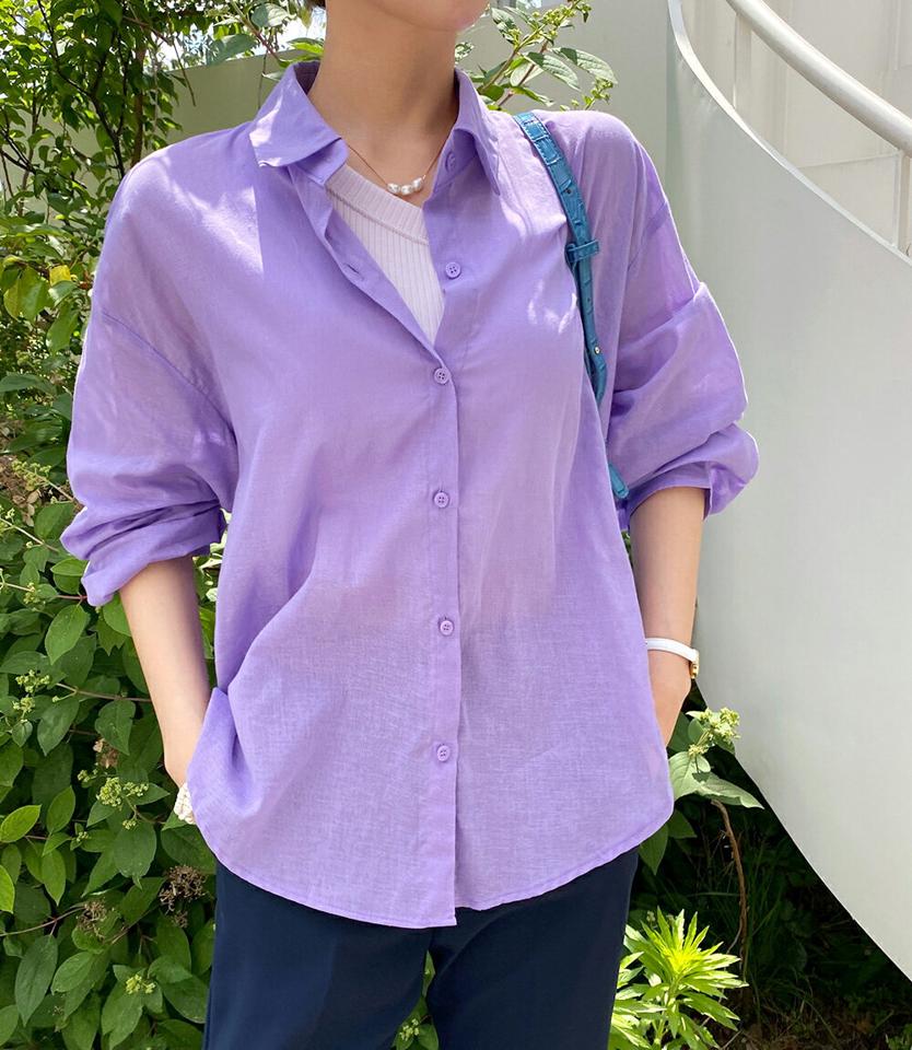 シースルーカラーシャツ・全5色・t00674 レディース 【bl】シャツ トップス 長袖 シースルー 透け感 シアー 襟 ボタン カラーアイテム 体型カバー ドロップショルダー ルーズ 綿 コットン 春 夏 大人 ピンク 韓国ファッション ハイホリHIHOLLI