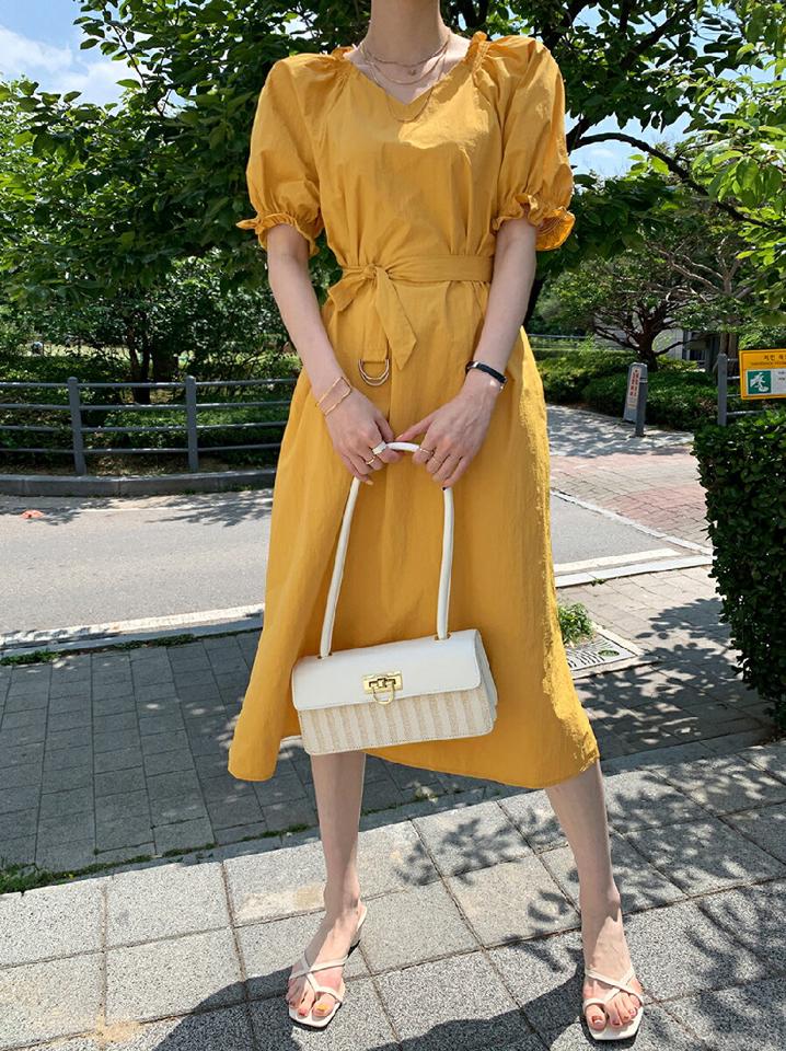 【10%OFF】ベルト付Vネックワンピース・全3色・b00678 レディース 【ops】ワンピース ロング丈 半袖 単色 無地 シンプル ベルト付き ウエストマーク パフスリーブ パフ袖 フレア Vネック 鎖骨 デコルテ 春 夏 フェミニン 韓国ファッション ハイホリHIHOLLI セール SALE