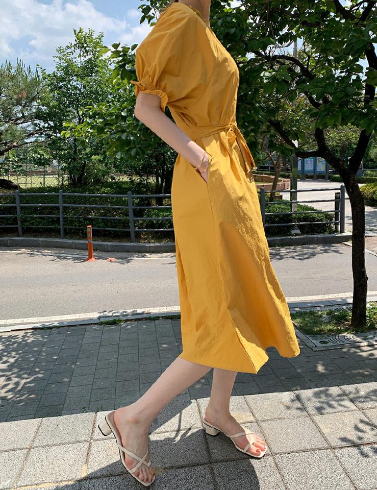 【10%OFF】ベルト付Vネックワンピース・全3色・b00678 レディース 【ops】ワンピース ロング丈 半袖 単色 無地 シンプル ベルト付き ウエストマーク パフスリーブ パフ袖 フレア Vネック 鎖骨 デコルテ 春 夏 フェミニン 韓国ファッション ハイホリHIHOLLI セール SALE