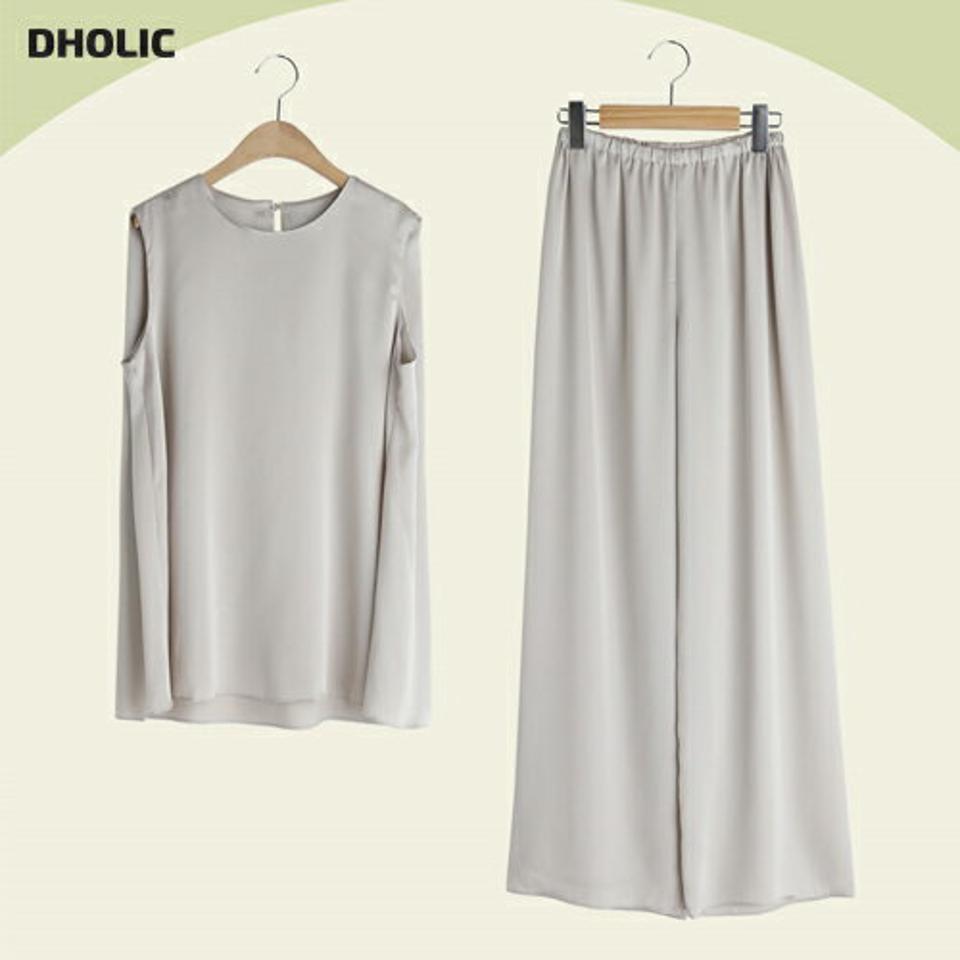 サテンノースリーブ&パンツSET・全2色・b00697 レディース 【pt】セット セットアップ setup パンツ 単色 無地 シンプル ベーシック 体型カバー ゆったり ラフ トップス ノースリーブ サテン 光沢 春 夏 大人っぽ 韓国ファッション ハイホリHIHOLLI