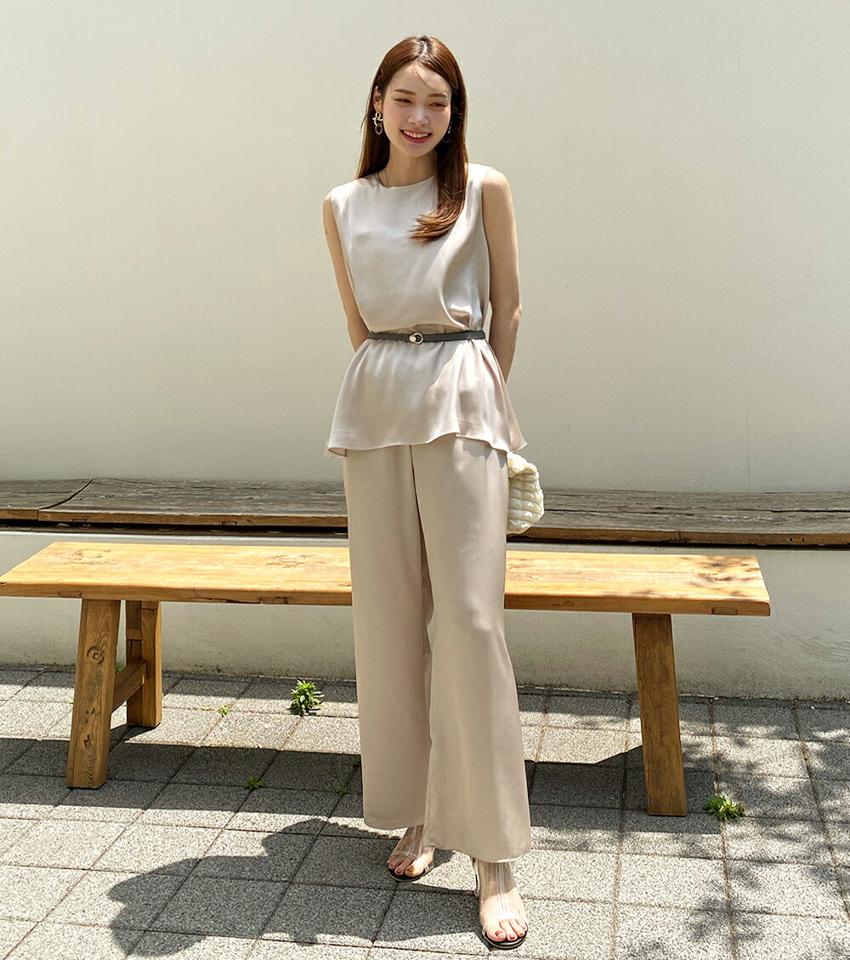 サテンノースリーブ&パンツSET・全2色・b00697 レディース 【pt】セット セットアップ setup パンツ 単色 無地 シンプル ベーシック 体型カバー ゆったり ラフ トップス ノースリーブ サテン 光沢 春 夏 大人っぽ 韓国ファッション ハイホリHIHOLLI