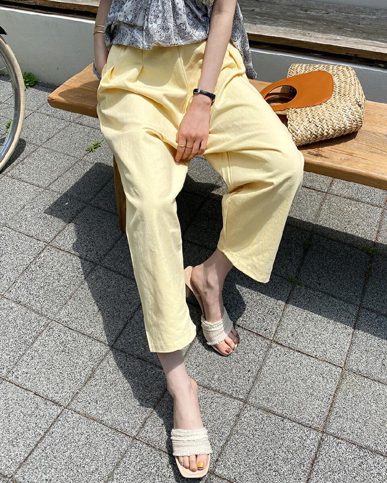 タックテーパードワイドパンツ・全4色・b00686 レディース 【pt】パンツ ロング丈 単色 無地 シンプル ベーシック パステル カラーパンツ タック テーパード ワイド 楽ちん 黄色 体型カバー 綿 コットン カジュアル 韓国ファッション ハイホリHIHOLLI