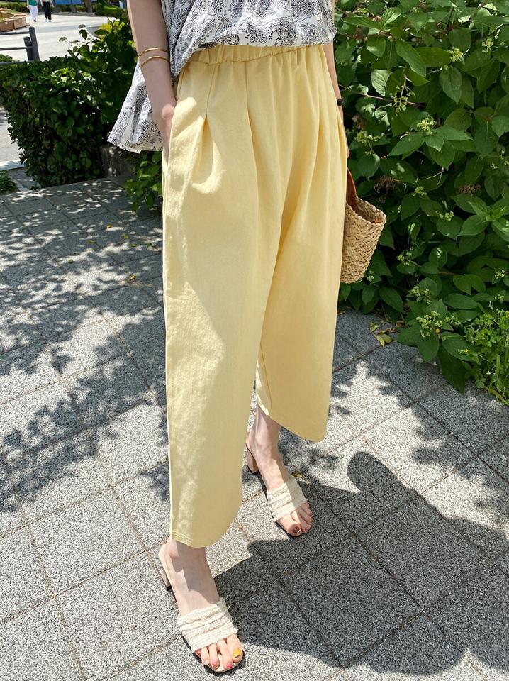 タックテーパードワイドパンツ・全4色・b00686 レディース 【pt】パンツ ロング丈 単色 無地 シンプル ベーシック パステル カラーパンツ タック テーパード ワイド 楽ちん 黄色 体型カバー 綿 コットン カジュアル 韓国ファッション ハイホリHIHOLLI