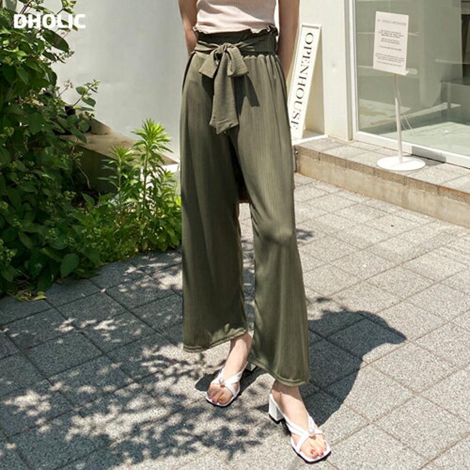 リボンリブパンツ・全2色・t00687 レディース 【pt】パンツ ロング 単色 リブ りぼん リボン ゆったり 楽ちん ラフ 体型カバー ハイウエスト ワイド フルレングス 春 夏 フェミニン カジュアル カーキ 緑 ブラック 韓国ファッション ハイホリHIHOLLI