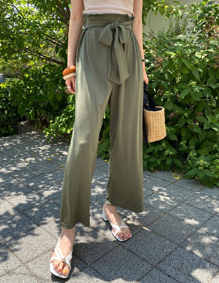リボンリブパンツ・全2色・t00687 レディース 【pt】パンツ ロング 単色 リブ りぼん リボン ゆったり 楽ちん ラフ 体型カバー ハイウエスト ワイド フルレングス 春 夏 フェミニン カジュアル カーキ 緑 ブラック 韓国ファッション ハイホリHIHOLLI