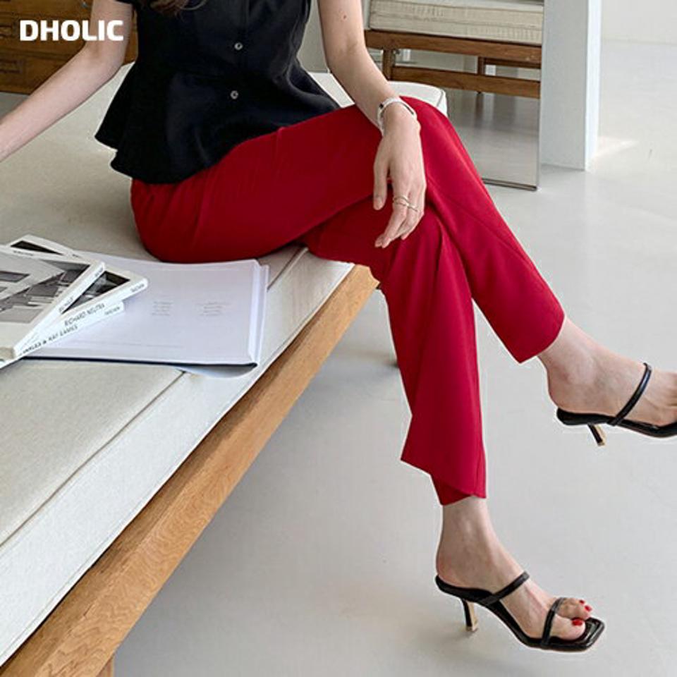 Vスリットワイドスラックス・全3色・t00688 レディース 【pt】パンツ ロング丈 単色 無地 シンプル ベーシック スリット ワイド ハイウエスト ダーツ カラーパンツ 春 夏 大人っぽ カジュアル オフィスカジュアル 赤 韓国ファッション ハイホリHIHOLLI