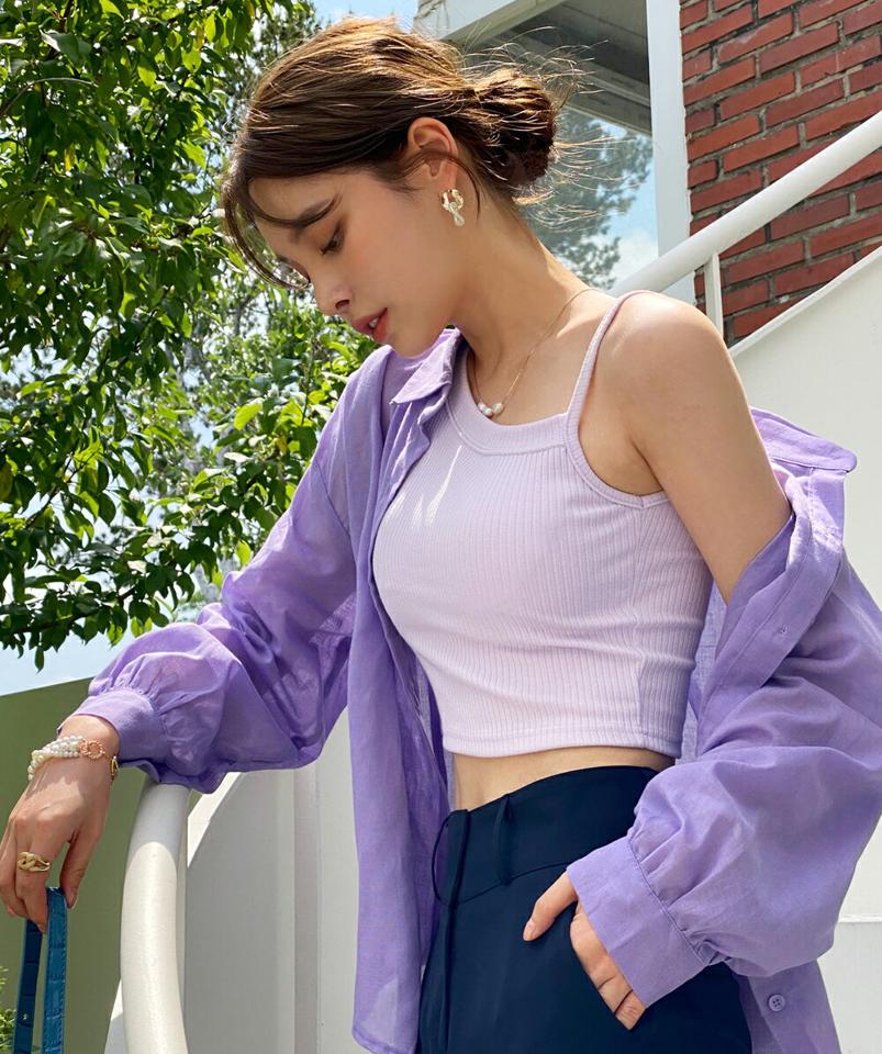 カップアシメリブノースリーブ・全4色・t00693 レディース 【tops】トップス ノースリーブ 単色 無地 ユニーク カップ付き アシメ リブ Vネック 鎖骨 デコルテ クロップド丈 春 夏 カジュアル パステル 大人っぽ 韓国ファッション ハイホリHIHOLLI