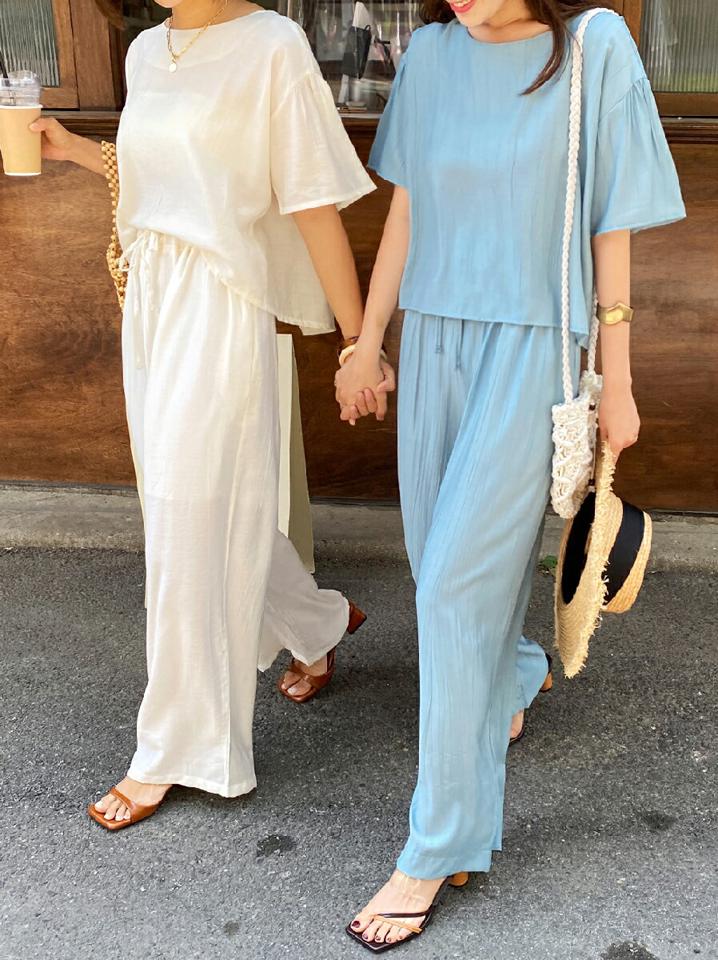 リンクルバックスリットブラウス&ストリングパンツSET・全3色・t67691 レディース 【pt】セットアップ setup トップス ブラウス パンツ ウエストゴム スリット バックシャン 単色 シンプル 半袖 水色 カジュアル 春 夏 韓国ファッション