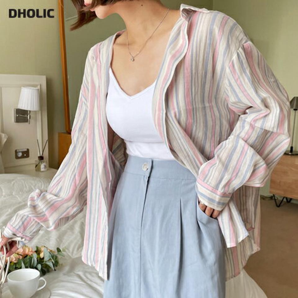 パステルマルチストライプシャツ・全2色・t67682 レディース 【bl】トップス シャツ 長袖 ストライプ柄 爽やか カジュアル かわいい 可愛い マルチストライプ ルーズ マルチトーン ラフ 大人 春 秋 韓国ファッション