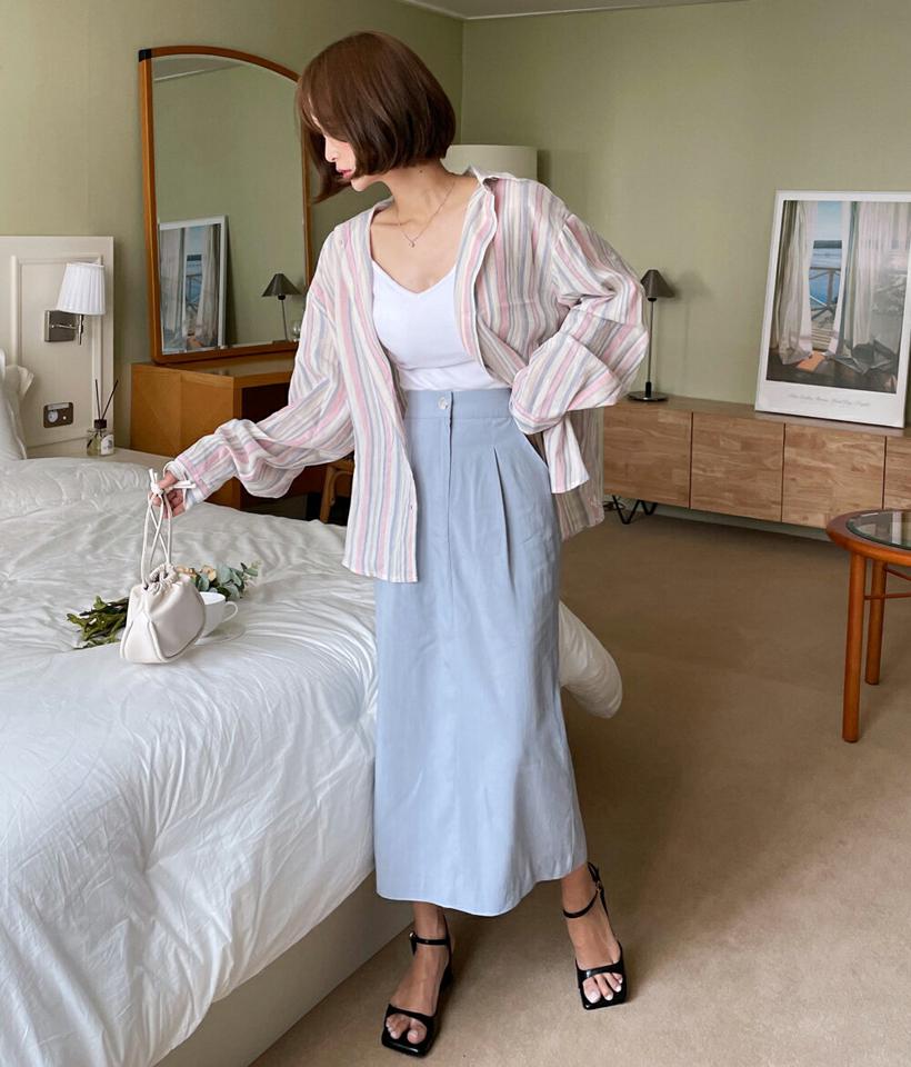 パステルマルチストライプシャツ・全2色・t67682 レディース 【bl】トップス シャツ 長袖 ストライプ柄 爽やか カジュアル かわいい 可愛い マルチストライプ ルーズ マルチトーン ラフ 大人 春 秋 韓国ファッション