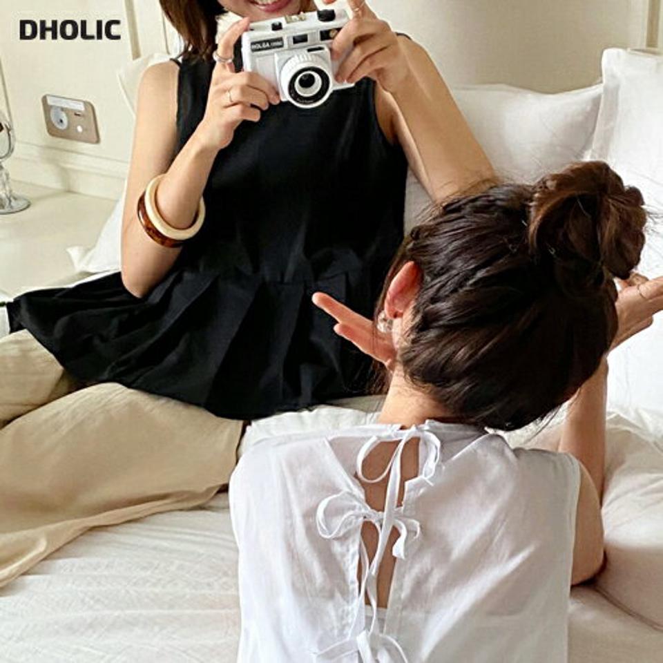 2WAYプリーツヘムリボンノースリーブ・全2色・t67671 レディース 【tops】トップス スリーブレス ノースリーブ りぼん プリーツ フレア 背中見せ ガーリー かわいい 可愛い ブラウス ラウンドネック お腹カバー 春 夏 韓国ファッション