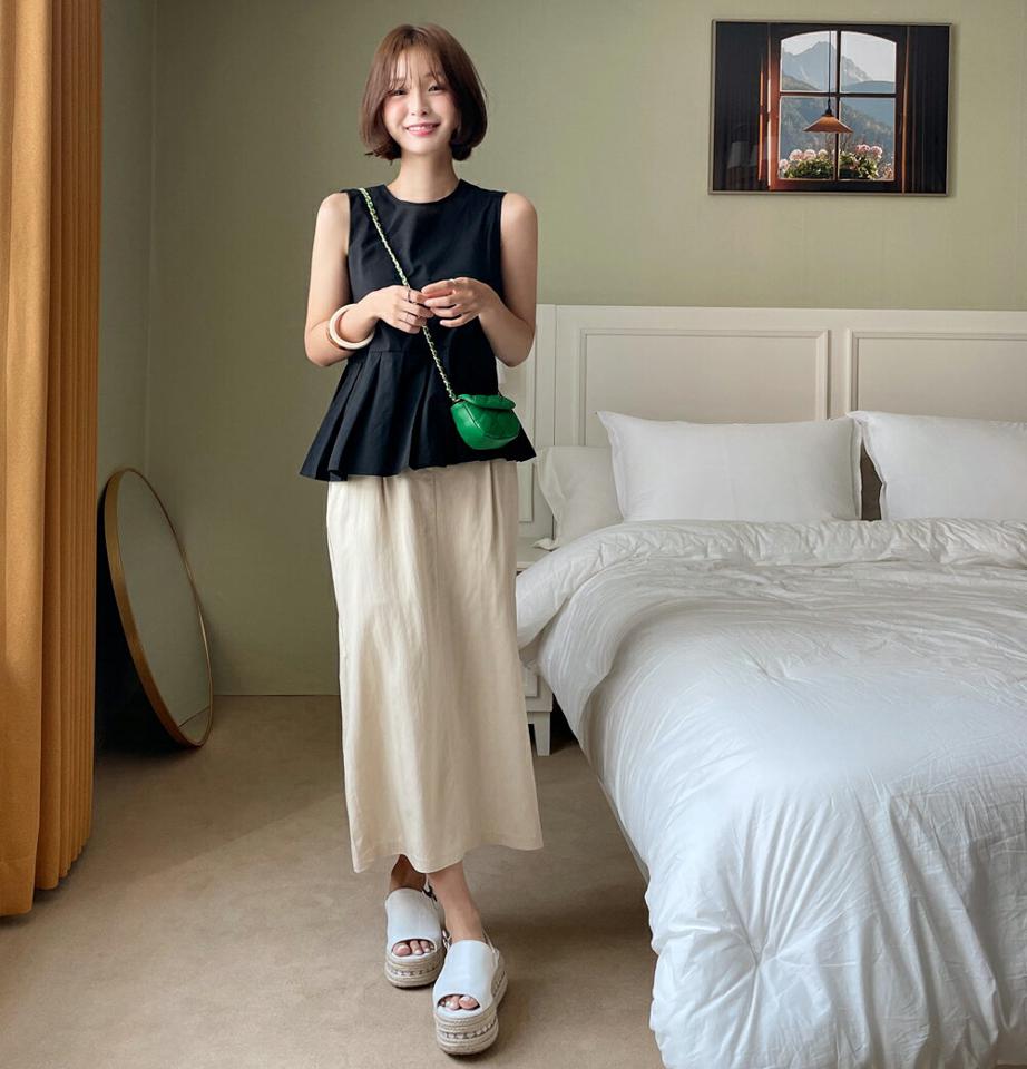 2WAYプリーツヘムリボンノースリーブ・全2色・t67671 レディース 【tops】トップス スリーブレス ノースリーブ りぼん プリーツ フレア 背中見せ ガーリー かわいい 可愛い ブラウス ラウンドネック お腹カバー 春 夏 韓国ファッション