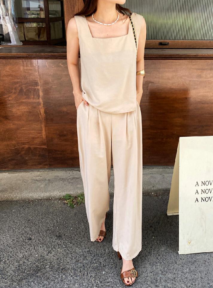 スクエアノースリーブ&ツータックスラックスSET・全2色・b67690 レディース 【pt】セットアップ setup トップス スリーブレス ノースリーブ タンクトップ パンツ スラックス 単色 無地 シンプル カジュアル スクエアネック 春 夏 韓国ファッション