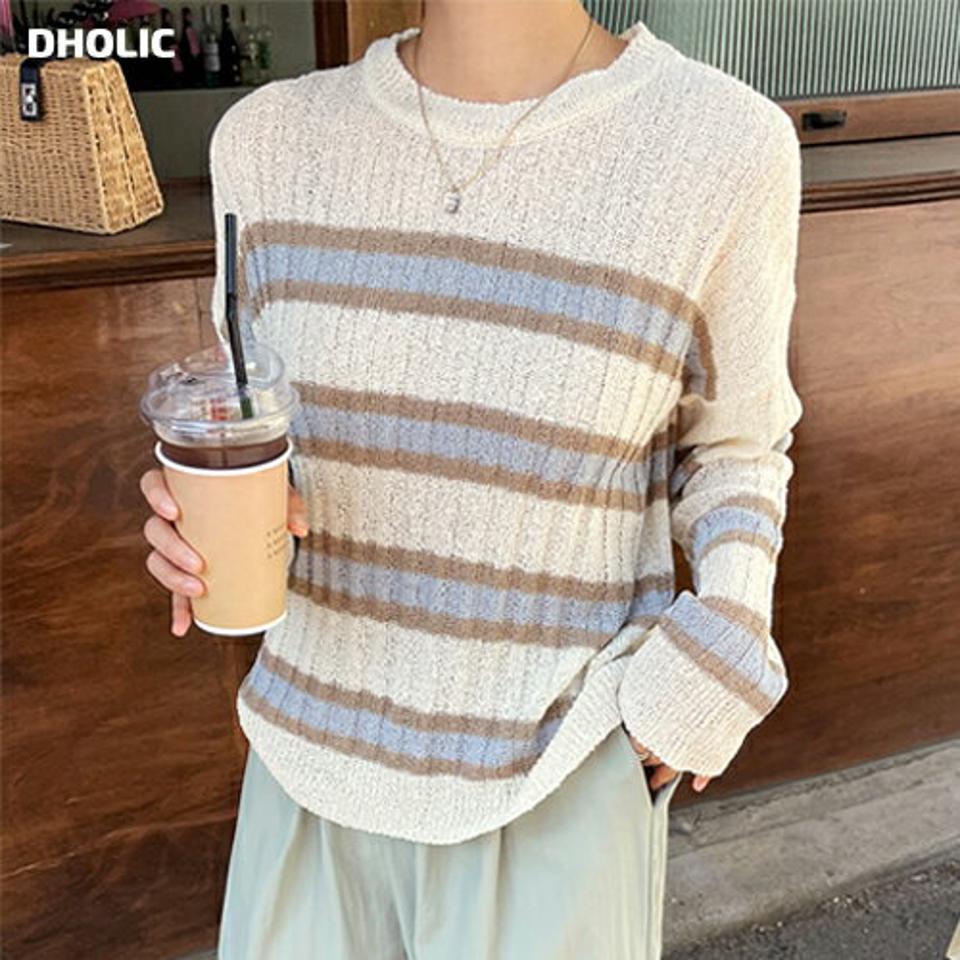 ルーズボーダーリブニット・全3色・t67681 レディース 【tops】トップス ニット 長袖 ボーダー柄 マルチボーダー リブ ルーズ ゆったり カジュアル ラフ ドロップショルダー ラウンドネック 春 秋 韓国ファッション