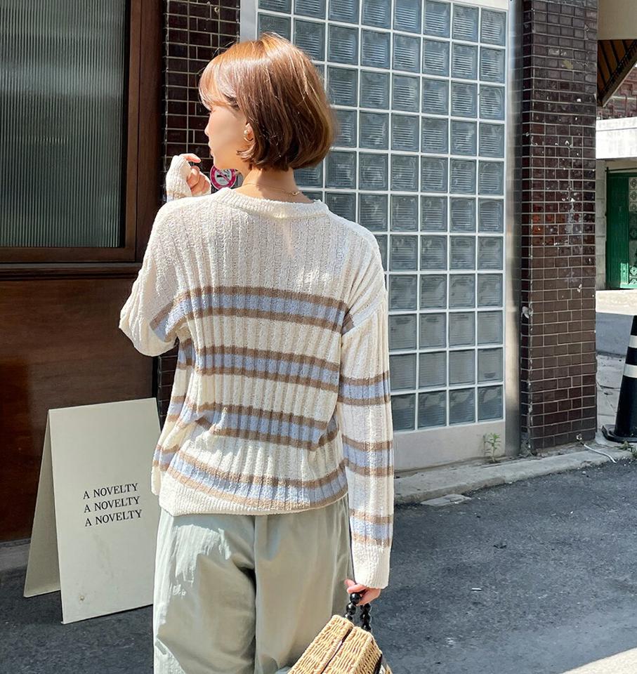ルーズボーダーリブニット・全3色・t67681 レディース 【tops】トップス ニット 長袖 ボーダー柄 マルチボーダー リブ ルーズ ゆったり カジュアル ラフ ドロップショルダー ラウンドネック 春 秋 韓国ファッション