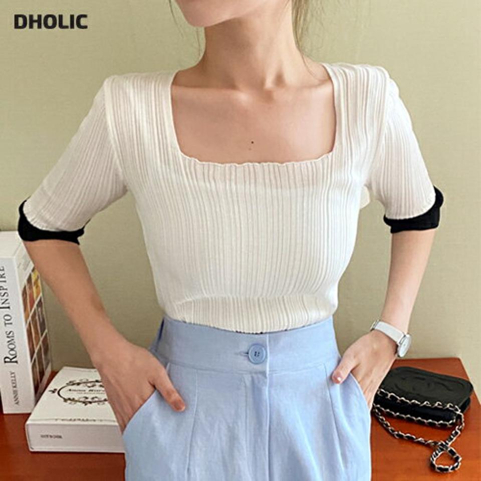 ≪人気商品再入荷≫スクエアネック配色リブニット・全3色・b67674 レディース 【tops】トップス ニット 半袖 ハーフスリーブ リブ 配色 スクエアネック デコルテ 鎖骨 リブ タイト 春 夏 サマーニット 韓国ファッション