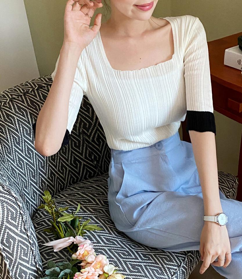 ≪人気商品再入荷≫スクエアネック配色リブニット・全3色・b67674 レディース 【tops】トップス ニット 半袖 ハーフスリーブ リブ 配色 スクエアネック デコルテ 鎖骨 リブ タイト 春 夏 サマーニット 韓国ファッション